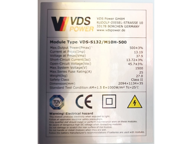 Монокристал. солнечная панель VDS-S132/M10H 500W (209.4*113.4*3.5cm)