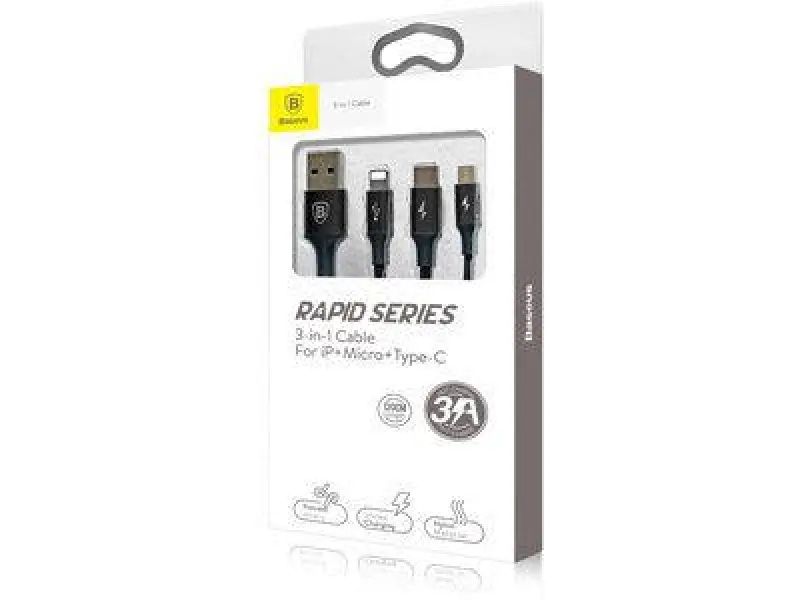 Кабель 3-в-1 Baseus Rapid Series (Микро+Lightning+Type-C) 3A 1.2M чёрный CAMLT-SU01