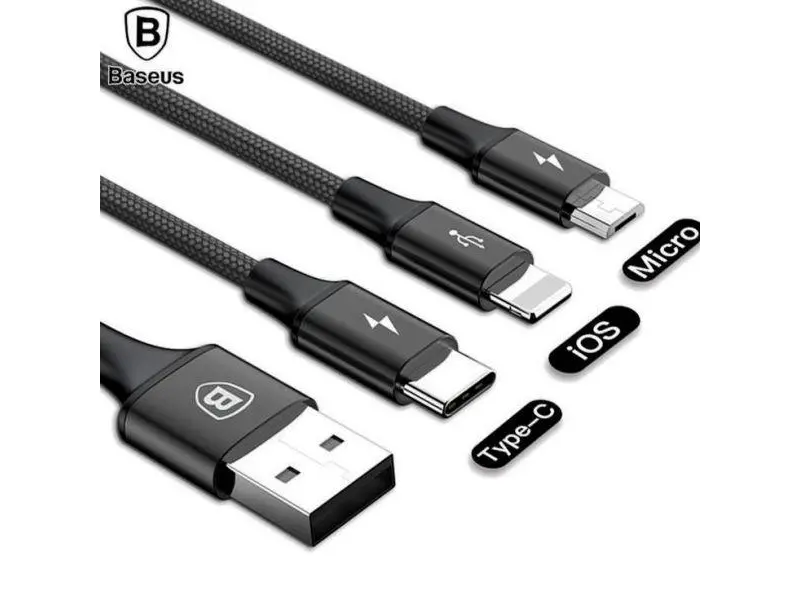 Кабель 3-в-1 Baseus Rapid Series (Микро+Lightning+Type-C) 3A 1.2M чёрный CAMLT-SU01